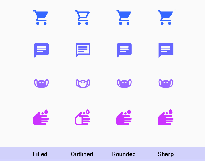 Sample of 4 icons: shopping_cart, chat, masks, wash shown in the 4 supported styles: filled, outlined, rounded, sharp.